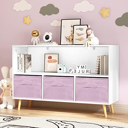 Lin-Utrend Kids Bookcase with Collapsible Fabric Drawers, Kids Low Bookcase, Toy Storage Cabinet Organizer， School Classroom, Children's Room (Pink)