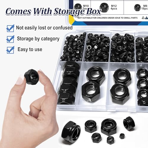zqz 180 pack black locknuts assortment kit m3 m4 m5 m6 m8 m10 m12 metric black nylon insert lock nuts set 304 stainless steel standard threaded nylock nuts
