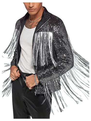 Men's Fringe Trim Jackets Zip Up Long Sleeve Sequin Regular Fit Spring Fall Coats