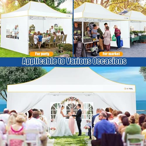 Image of HOTEEL 10x15 Pop up Canopy Tent for Parties, Heavy Duty Easy Setup Tent with 4 Sidewalls, Outdoor Commercial Instant Gazebo for Wedding Event, with Roller Bag & Sand Bags, White(Hexagonal Frame)