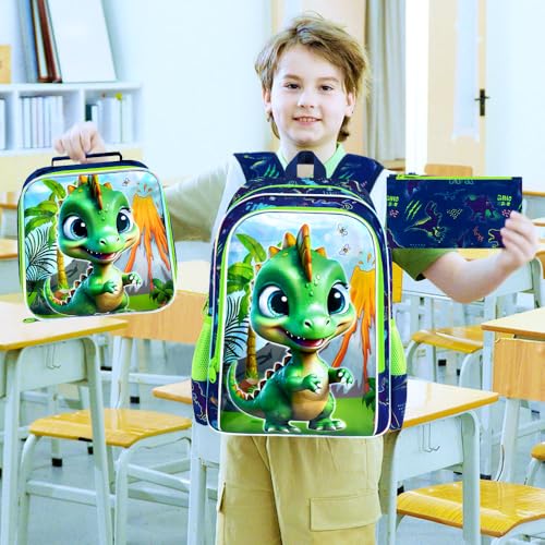 Image of 3Pcs Dinosaur Backpack for Boys, 16 inch Bookbag with Lunch Box, Kids School Backpacks Set for Elementary Preschool Kindergarten (Green)