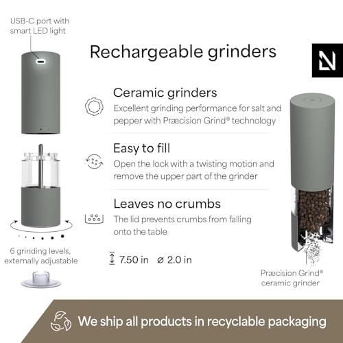 Image of LARS NYSOM Electric Salt and Pepper Grinder Set I Automatic Salt and Pepper Mills with Adjustable Ceramic Grinder I USB Rechargeable Electric Spice Mill Set with LED Light (Ash Gray)