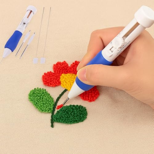 Image of SD Decor Embroidery Kit for Beginners - Complete Punch Needle Set for Embroidery with 3 Needle Sizes, Ergonomic Pen, Adjustable Depths & Threader (White)