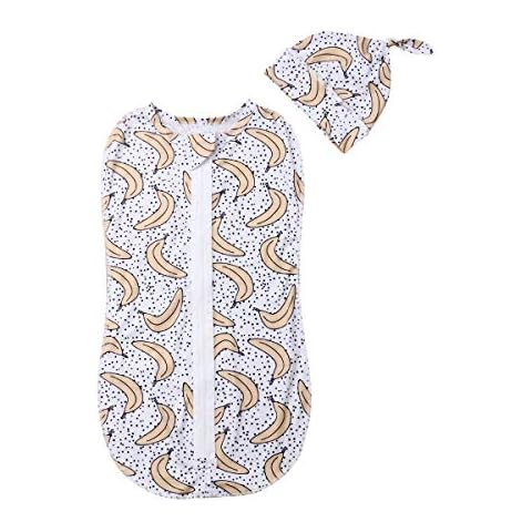 Newborn Infant Baby Sleeping Bag Summer Newborn Easy Swaddle Wrap Girls Boys Sleeping Sack Wearable Blanket Cartoon Animal Fruit Print Zipper Baby Grow Bag with Round Hat (Banana, 3-6m) Cover