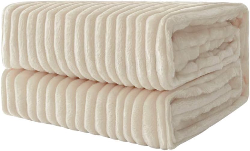 Flannel Fleece Throw Blankets Soft Warm Comfortable Throws for Sofa Corduroy Fluffy Blanket Bed Throw for Bedroom Couch Travel Kids Bedroom Accessories 50x60Inch Cream