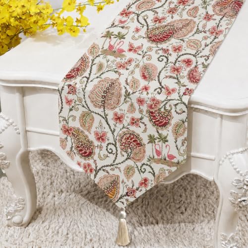 Image of COZY FURNISH Floral Dining Table Runner for 6 Seater - Premium Pure Cotton Bed Runner with Tassels | Modern Kitchen & Bedroom Decor Runner (13 x 72 Inches)