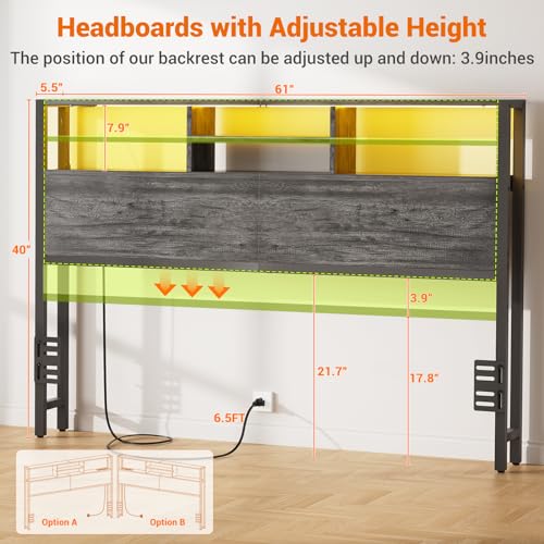 Image of Aheaplus Headboard for Queen Size Bed with Storage, Headboards with Outlets | Queen Size Head Board Only, USB Ports and LED Light, Height Adjustable, Reversible, Sturdy and Stable Headboard, Black Oak