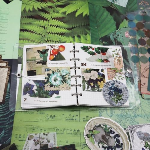 Image of VOTDOT (346Pcs) Paper Junk Journal & Scrapbook Kit, Scrapbooking Supplies Kit with Creative Decor Journaling Supplies, Stationery, Stickers, A6 Grid Notebook with Graph Ruled Page Gift for Girl (VD Green Butterfly).