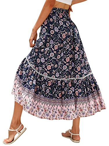Ezcosplay Women Long Skirts Boho Floral Elastic High Waist Flowy Beach A Line Maxi Skirt2