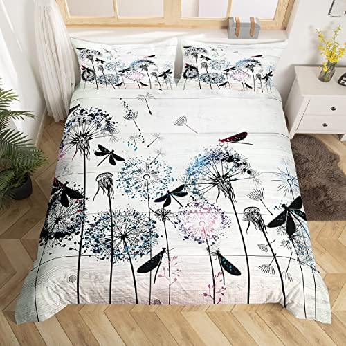 Dandelion Duvet Cover For Kids, Dragonfly Bedding Set Full Seeds Flowers Rustic Comforter Cover For Kids Boys Teens Adult Bedroom, Tie Dye Countryside Bedspread Cover Farmhouse Decorations, 3Pcs #TOP22