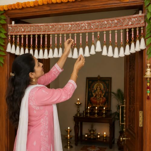 Image of ONESTA Traditional Embroidered Door Toran for Main Door | Decorative Bandhanwar with Tassels & Bells | Handmade Home Entrance Hanging | Festive Diwali Pooja Decor | Cream & Gold 3 Feet (Size 36 Inch Pack 01)