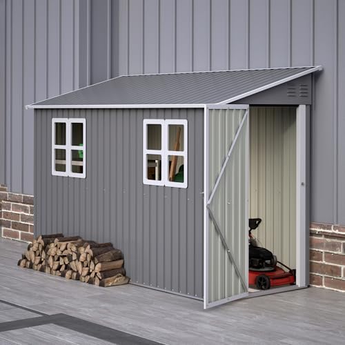 Image of YOPTO 4x10 FT Lean to Outdoor Storage Shed with Floor Kit,Metal Shed W /Left /Right Optional Lockable Door & 2 Windows,Garden Tool Storage House W /Air Vents & Sloping Roof,for Backyard,Patio,Gray