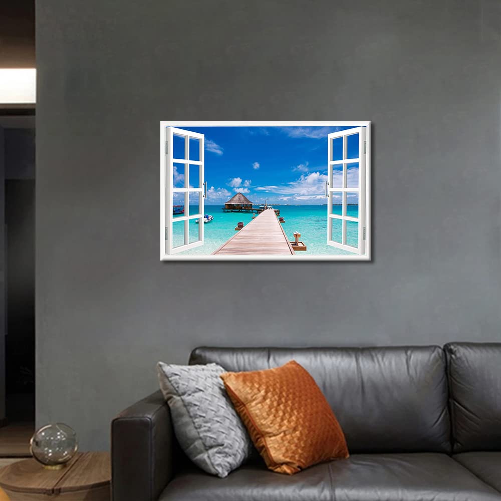 Window View Wall Decorations for Living Room Canvas Wall Art Pier to Tropical Island Vacation Getaway Outdoor Natural Scenery Canvas Wall Art Modern Home Decor Framed Ready to Hang (24"W x 16"H) - Image 3