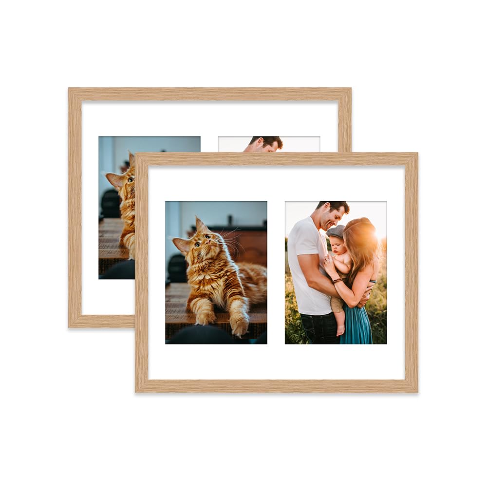 Oak Multi Photo Frame - Holds 2 x 7x5 Pictures, Family Collage Picture Frame for Wall Display, 12x10 Frame size, Set of 2