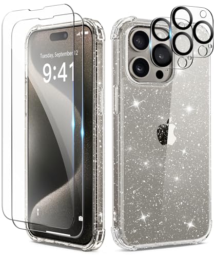 Image of TIESZEN Compatible with iPhone 15 Pro Max Case Glitter Clear, [5 in 1] with 2X Screen Protector + 2X Camera Lens Protector, Cute Bling Military Grade Shockproof Slim Phone Case 6.7 Inch, Shiny Clear