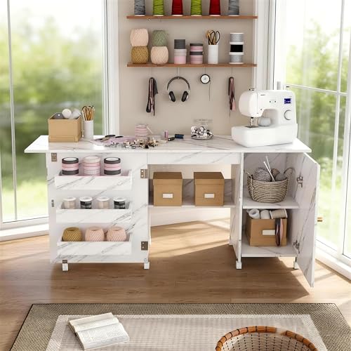KEIKI 57.5\" 4-in-1 Folding Sewing Table with Storage, Sewing Machine Table with Shelves & Lockable Wheels, Multi-Functional Craft Desk Sewing Cabinet for Home Use, White