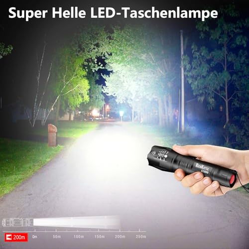 REHKITTZ Taschenlampe, Extrem Hell Tragbare Handlampe 2 Stück, 2000 Lumen, Wandern Camping Taschenlampe LED, Taktische Taschenlampe Outdoor Aluminium Alloy Material Mit 5 Licht Modi und Zoom – Bild 4