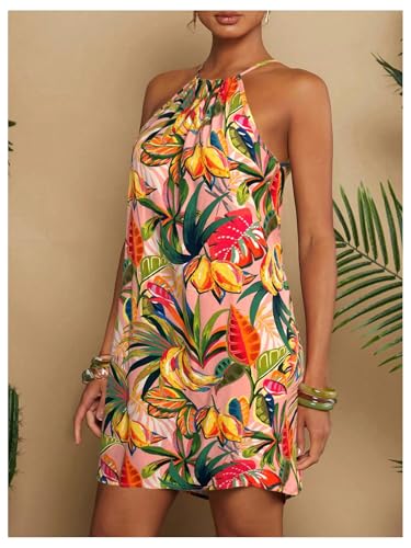 Image of SweatyRocks Women's Tropical Print Halter Dresses Sleeveless Holiday Summer Mini Dress