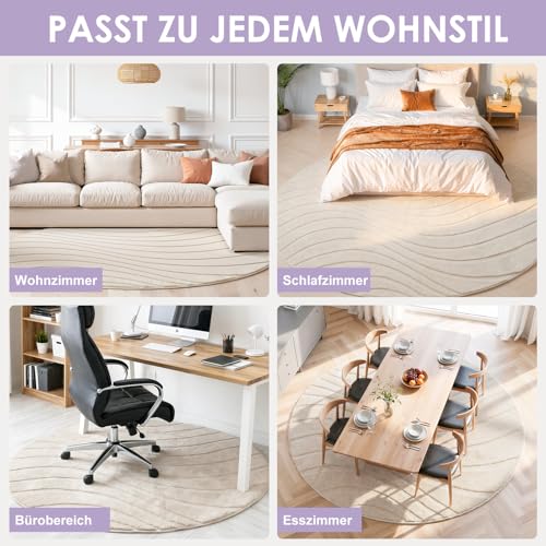 ROHATIM Runder Teppich Beige Ø 80 cm mit Relief-Struktur Wellen, Weicher Soft-Flanell, rutschfest, Waschbar & Faltbar, Deko-Akzent für Kinderzimmer & Leseecke