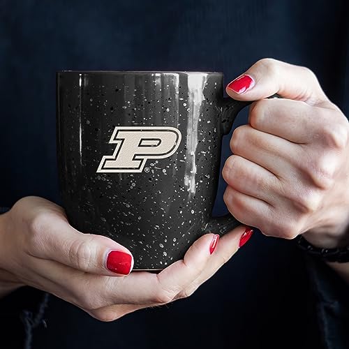 Image of Rico Industries NCAA Purdue Boilermakers Black Personalized 16 oz Team Color Laser Engraved Speckled Ceramic Coffee Mug
