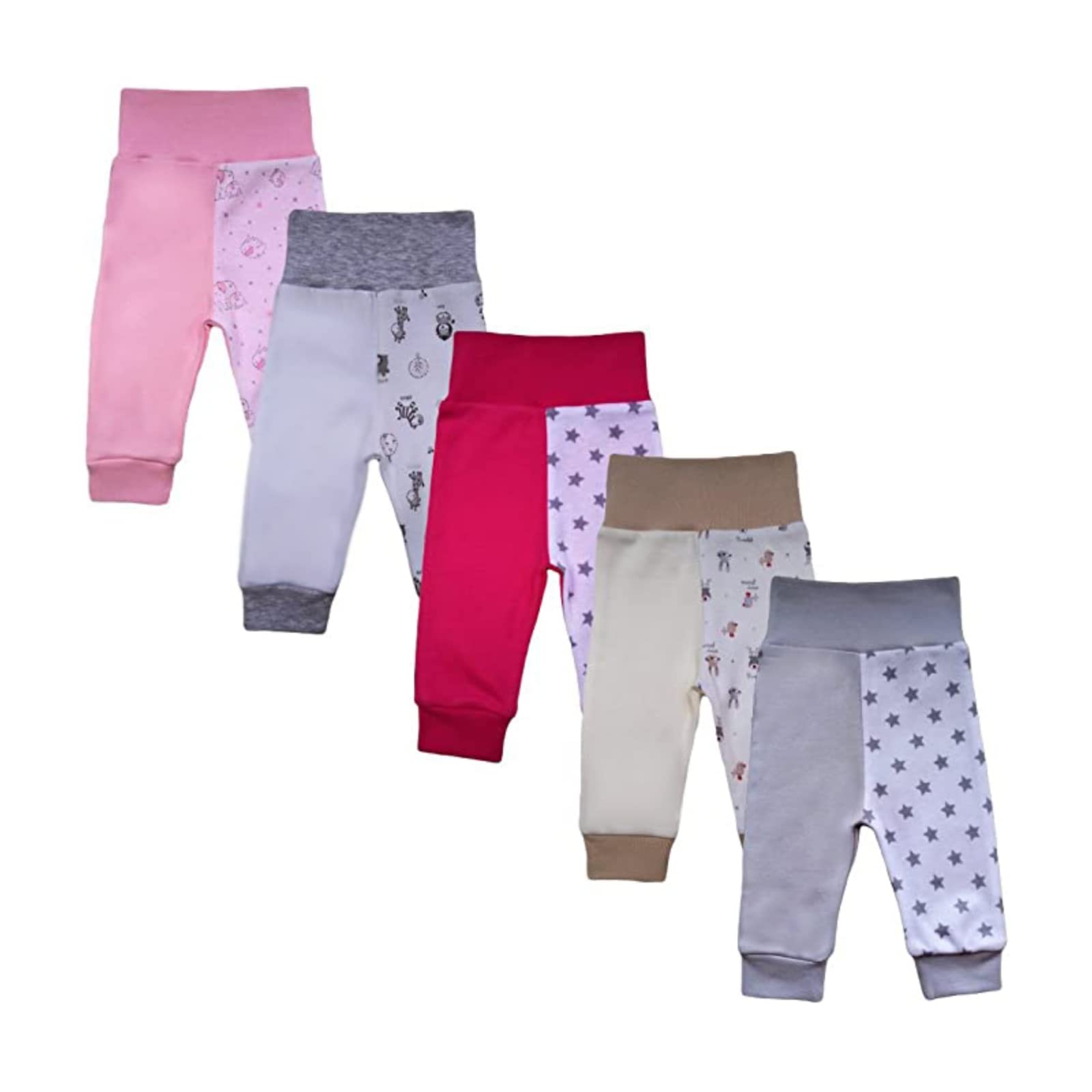 MEA BABY Pantaloni Senza Piedi Stampati | Pantaloni per Neonati, per Bambine e Bambini | Unisex | Tutine per Neonati | 100% Cotone | Multipack di 5, Senza Piedi