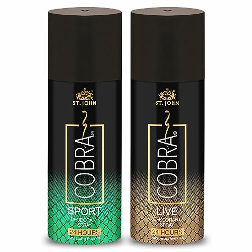 ST.JOHN Deodorant For Men, Deodorant For Women, Long Lasting Fragrance, Irresistible Scent, Fresh and Soothing Deo, Deo For Men, Deo For Women, COBRA- Live & Sport (150ml Each- Pack of 2)