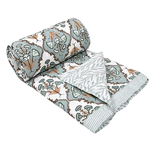 Image of BLOCKS OF INDIA Cotton Single Size Quilt Hand Block Print for Light Winters (60X90 Inches) (Grey Flower), Lightweight, 300 TC