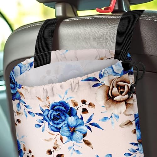 Image of Car Trash Bag Hanging Back of Seat Waterproof Small Cute Printed One-Handed Strap Drawstring Garbage Bags for Car-Blue Rose