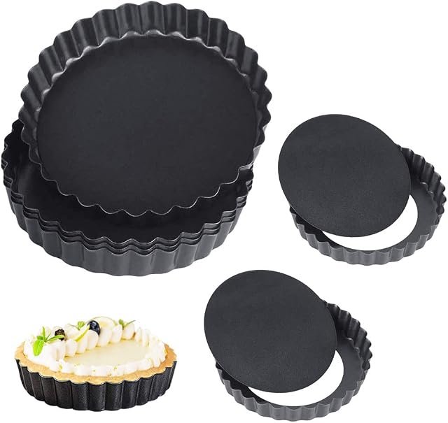 DECARETA Tart Tins,Quiche Pans,6pcs Non-Stick Fluted Flan,Egg Tart Mold,Small Tart Cases with Loose Base 5Inch Cupcake Cake Muffin Mold Tin Pan Baking Tool Carbon Steel(Silver Color)