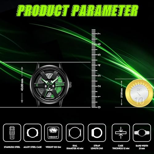 Image of V2A Velocity Wheel Rolling Series Men's Analog Watch Open Dial Watch - Car Wheel-Inspired Design, Hollow Out Elegance Casual Watch for Men | Gift for Men (Black-Green)