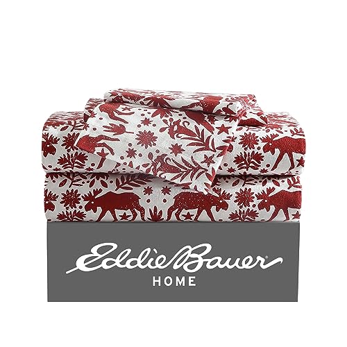 Image of Eddie Bauer 4 Pc Flannel Sheets Queen Size - 100% Cotton Breathable & Soft Queen Sheets Set (1 Flat, 1 Flannel Fitted Sheet, 2 Pillowcases) - 15 inch Deep Pocket All Seasons Sheet Set (Arcadia Red)