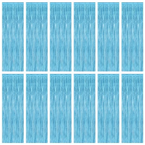 Image of 12 Pack Party Decorations, 3.28 FT x 7.05 FT Sky Blue Curtains, Metallic Party Streamers Photo Booth Backdrop Foil Fringe Curtains, Light Blue Winter Wonderland Backdrop Birthday Decor