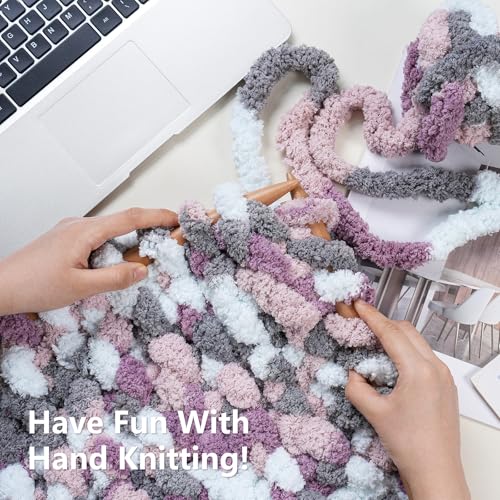 Image of Cozyful Chunky Yarn for Hand Knitting - #10 Chunky Chenille Blanket Yarn, Jumbo Big Thick Chunky Yarns for Crocheting, Tie Dye Bulky Knit Yarns, 8 Skein (20 yds 8 oz Each Skein), Purple & Grey & Sky