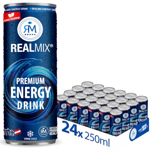 RealMix Energy Drink – Bebida Energética sin Taurina, con Cafeína y Extracto de Guaraná, Bajo en Azúcar, Pack 24x250 ml, Energía y Refrescante Natural