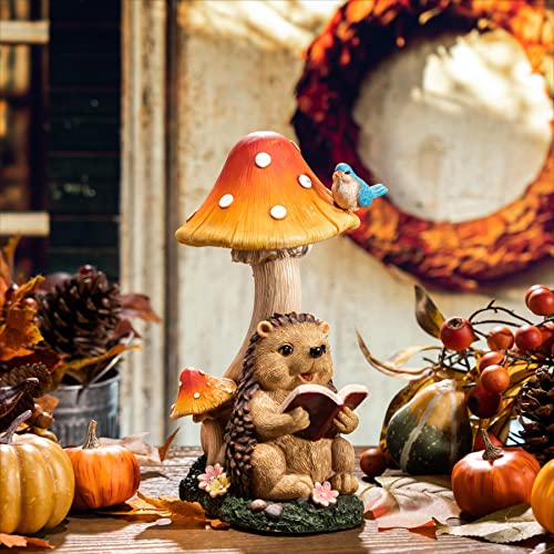 TERESA'S COLLECTIONS Autumn Decorations, Garden Ornaments Outdoor, Lovely Hedgehog Mushroom Statue Solar Lights, Autum Gifts 25.5cm