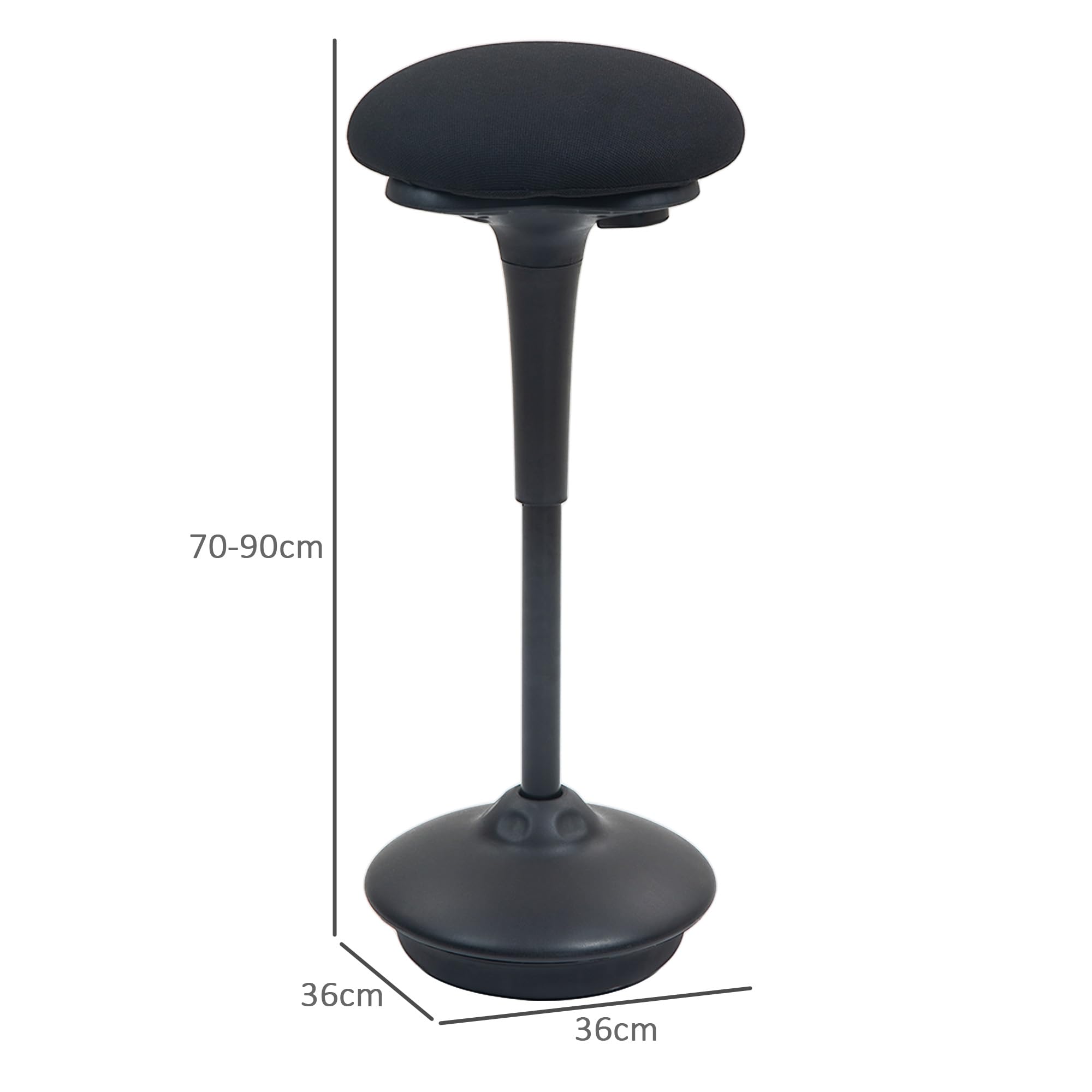 HOMCOM Tabouret de Bureau Debout, Tabouret Ergonomique, réglable en Hauteur 70-90 cm, Large Socle, siège Bascule à 360°, avec Coussin rembourré et Patins antidérapants, Noir