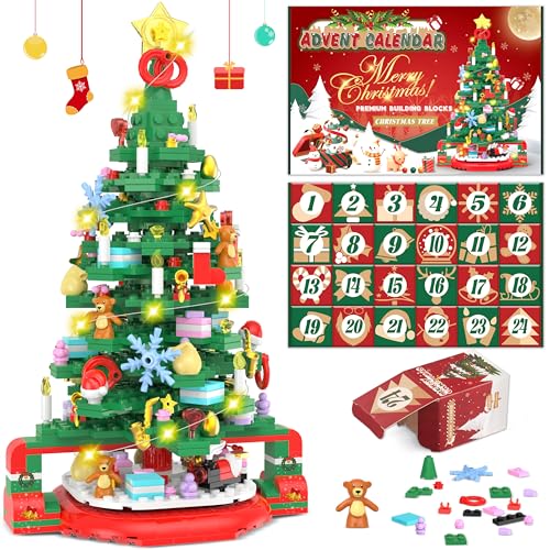 Advent Calendar 2025 Christmas Tree Building Set with LED Light, 24 Days Christmas Countdown Calendar Christmas Tree Building Blocks, Xmas Gifts for Adults Teens Kids