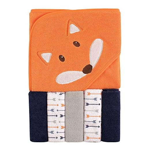 Luvable Friends Unisex Baby Hooded Towel with Five Washcloths, Boy Fox, One Size