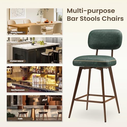 Image of MALOL 26 inch Swivel Bar Stools Set of 4, Mid Century PU Leather Counter Height Bar Chairs with Low Back and Metal Legs, Modern Bar Stool Chair for Kitchen Island, Green