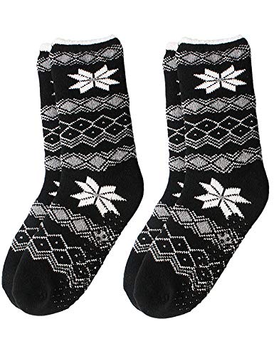 VERO MONTE 2-Pair BLACK Thick Slipper Socks For Women With Grippers Non Slip 6-8
