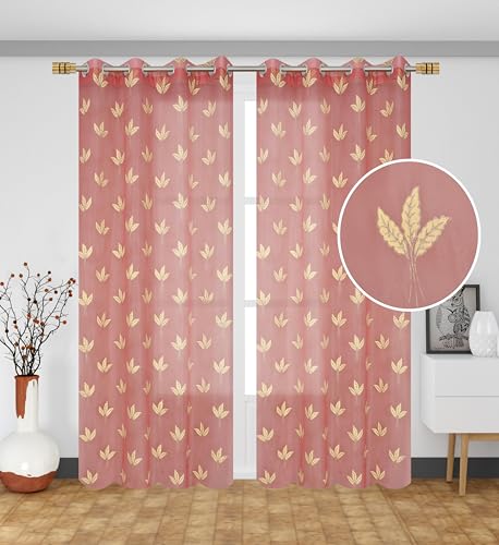 Image of IVAZA Polyester Semi-Transparent Leaf Embroidered Curtain ? Sheer Voile Panel with Eyelets ? Lightweight & Airy ? Ideal for Living Room, Bedroom, Balcony Long Door- 9 Feet (Pack of 2) Pink