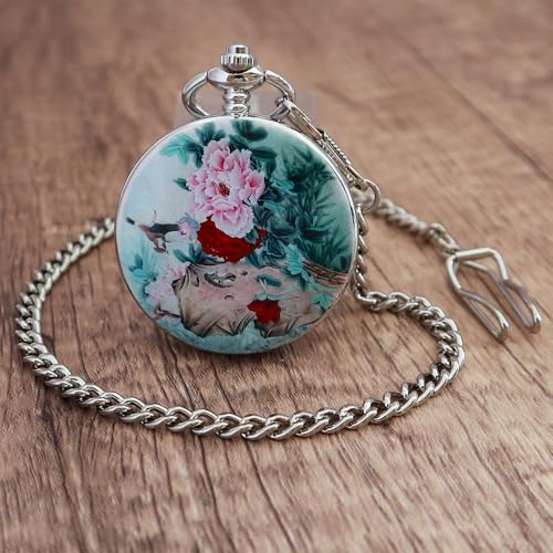 Image of VIGOROSO Vintage Floral Bird Manual Mechanical Pocket Watch for Men & Women - Elegant Wind Up Pocket Watches Skeleton with Chain & Gift Box