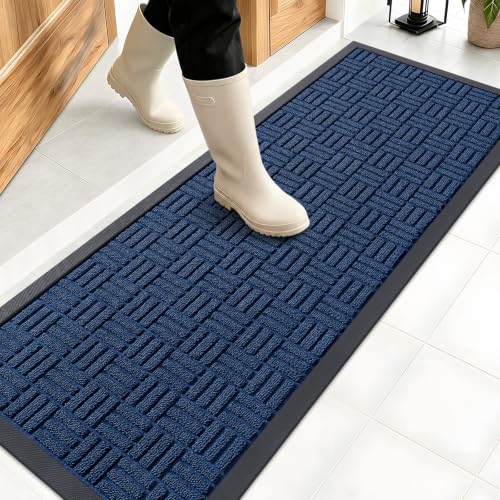 Image of OLANLY Front Door Mat Outside Entrance 47x17, Absorbent, Heavy Duty Sturdy Natural Rubber Doormat Indoor Outdoor, Non-Slip, Stain and Fade Resistant, Low Profile Floor Mat for Entryway, Navy Blue