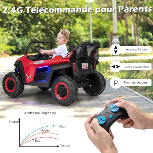 DREAMADE Elektroauto für Kinder, 12 V, 3-8 Jahre, mit Fernbedienung, 2,4 G, elektrisches Quad mit 2 Sitzen, langsamer Start, Soundeffekte, Sicherheitsgurt, Belastung 59 kg, 118 x 74 x 71 cm (rot) – Bild 4