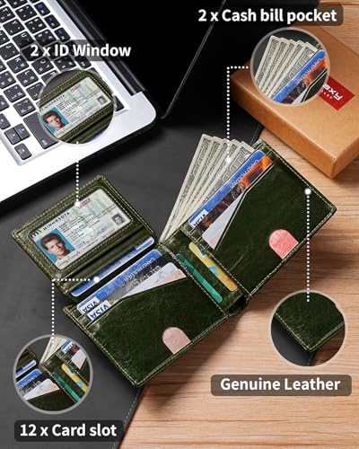 Image of Artpaxy Mens Wallet Bifold Genuine Leather RFID Blocking Wallet for Men with 2 ID Windows 12 Card Holders 2 cash pockets 1 Gift Box