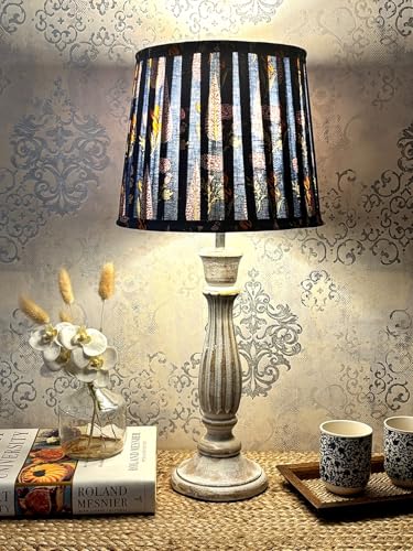 Image of Green Girgit Athens Wooden Lamp in Distress White Color with Pleeted Multiolor Blue Leaf Shade, Vintage Style Table Lamp with Tropical Print Shade, Decorative Bedroom Lighting (LED Bulb Included)