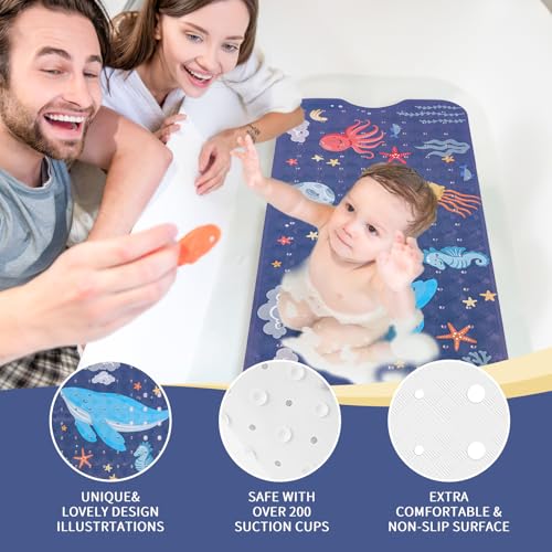 Image of PRATIQUE Kids Bath Mat for Tub Non Slip，40 X 16 Inch Extra Long Kids Bathtub Mat Ocean Bathtub Shower Mat Safety Anti Slip with Suction Cups and Drain Holes, Machine Washable(Dark Bule Whale)