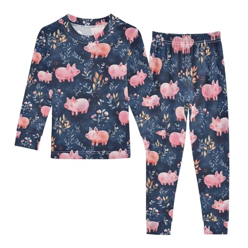ALAZA Watercolor Pig Leaf Blue Pajamas Long Sleeve Sleepwear 2-Piece Pajama Set