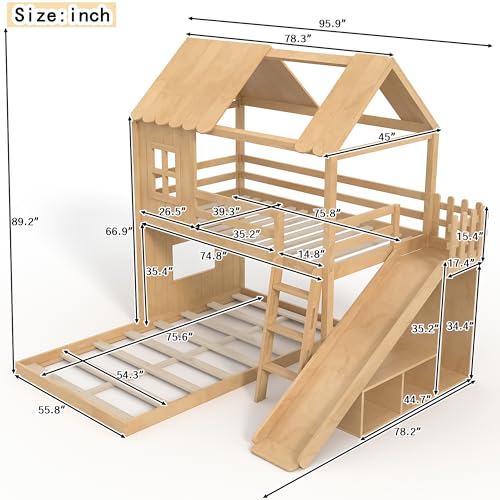Image of Bellemave Bunk beds Twin Over Full with Slide,Ladders,Bookshelf and Wardrobe House roof Design, Low bunk /loft Bed for Kids, Natural
