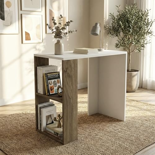Image of Strata Compact Computer Desk with Built-in 2-Tier Bookshelf, Space-Saving Modern Study Table & Workstation for Home Office, 90x50x80cm (White & Walnut)